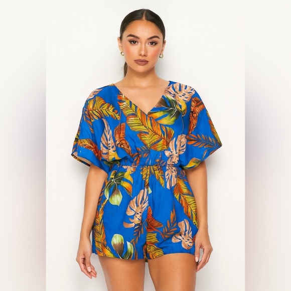 SHEIN Curve Blue Tropical Leaf Print Bohemian Flowy Jumpsuit Romper Size 2XL - Picture 1 of 14